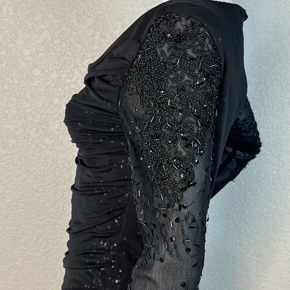 Belle Badgley Mischka Size 4 Dress Sequin Mesh Cowl Neck Black Gothic Glam - Picture 7 of 11